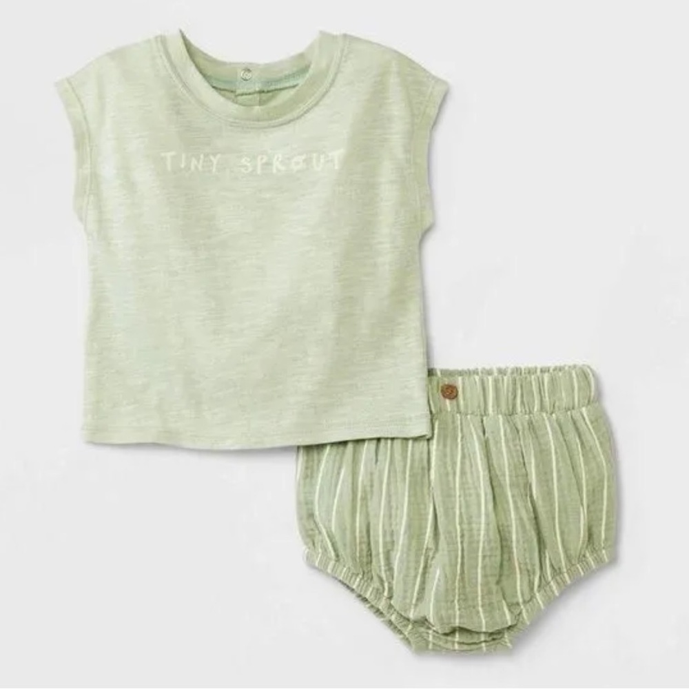Grayson Collective Baby Short Sleeve Slub Jersey & Gauze Bloomer Set - Sage Gree
